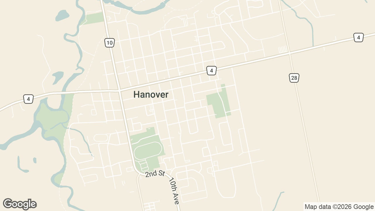 Map of Hanover, Ontario, with a monstera leaf marking the shop at 209 10th St, the corner of 10th St and Bruce Rd 10