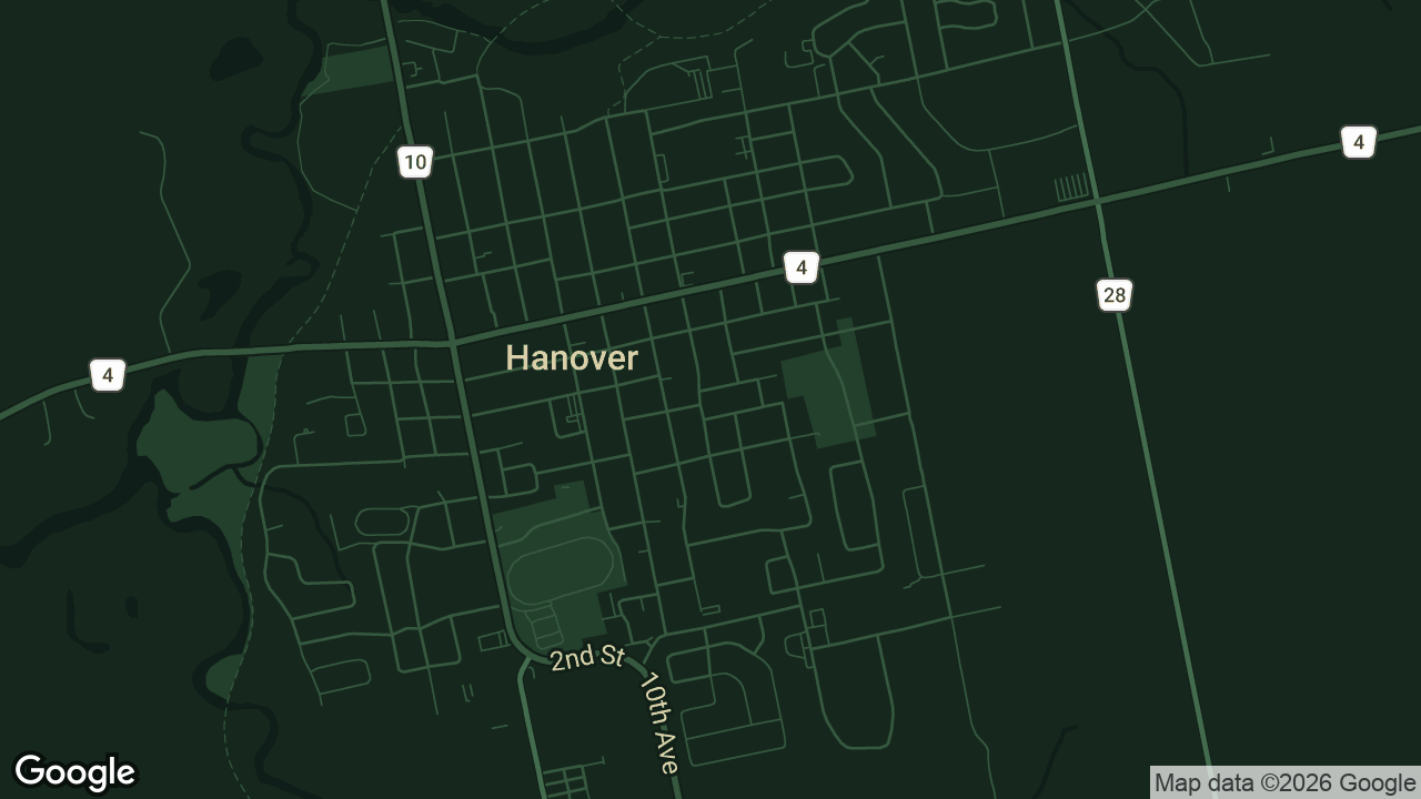 Map of Hanover, Ontario, with a monstera leaf marking the shop at 209 10th St, the corner of 10th St and Bruce Rd 10
